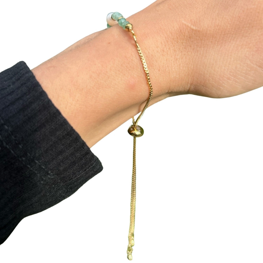 Edelsteen armband aventurijn met parel verstelbaar