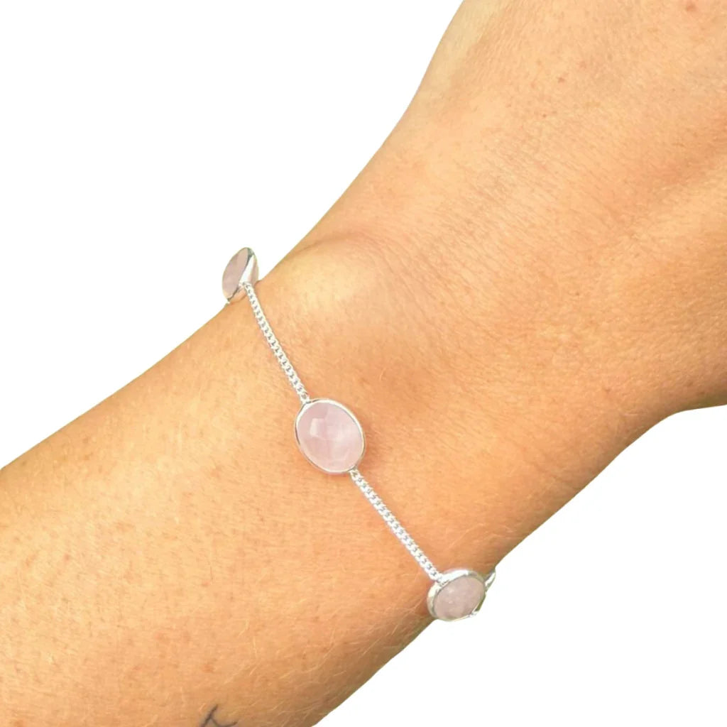 Zilveren edelsteen armband rozenkwarts ovaal - The Mindfulshop