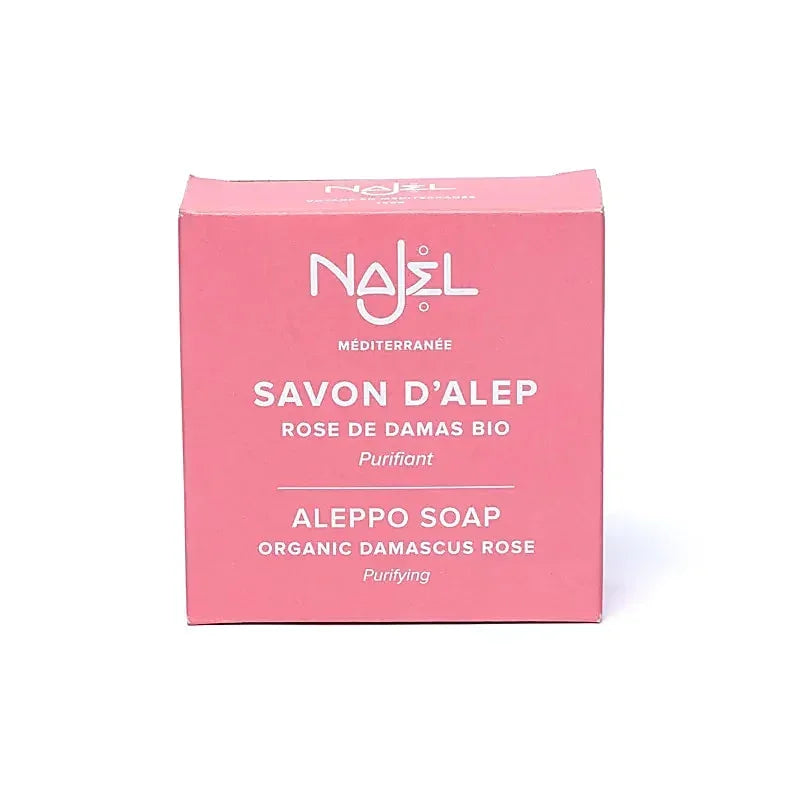 Roze verpakking van Najel Savon d'Alep biologische Damascus rozenzeep.