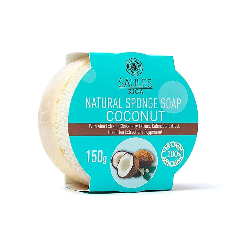 Saules Riga natuurlijke sponszeep met kokosnoot, 150g, in turquoise verpakking.