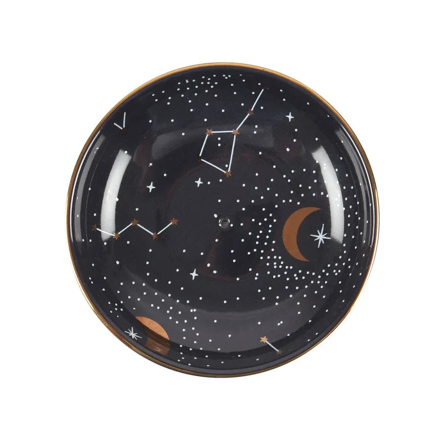 Zwarte sieradenschaal met sterrenbeelden, maan en sterren, astrologie dessin