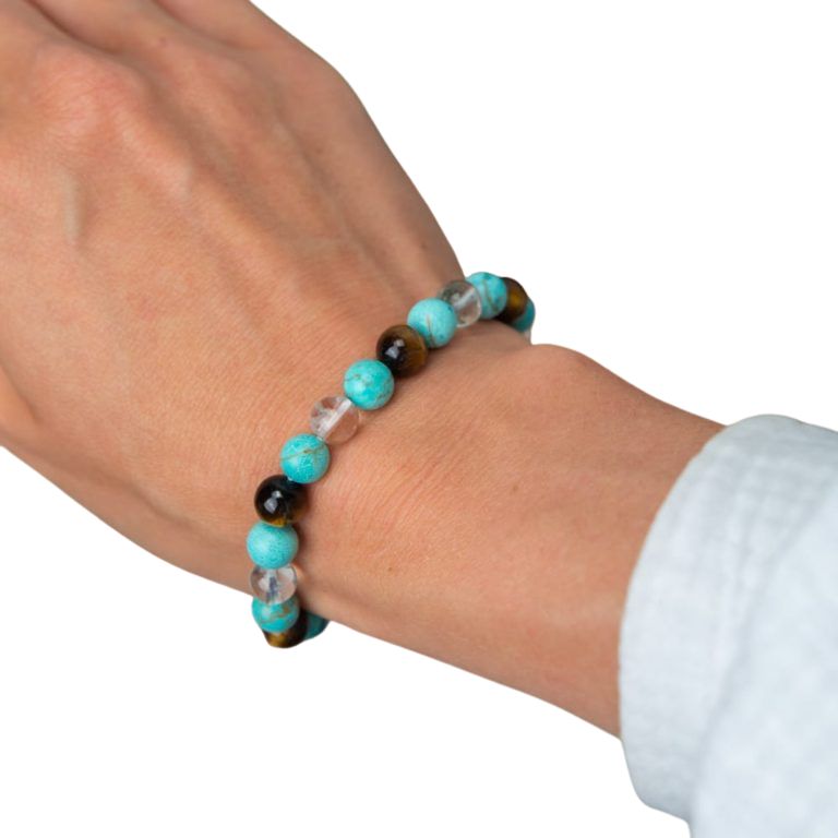 Edelsteen armband turkoois/bergkristal/tijgeroog mix 8mm - Mindfulshop - blauw
