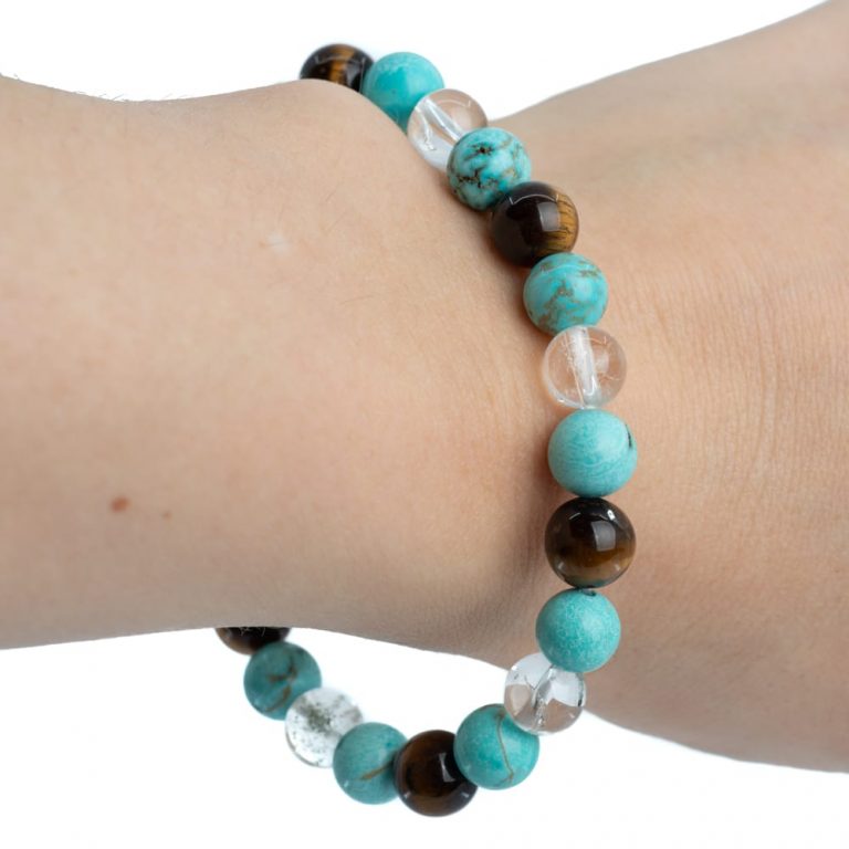 Edelsteen armband turkoois/bergkristal/tijgeroog mix 8mm - Mindfulshop - blauw