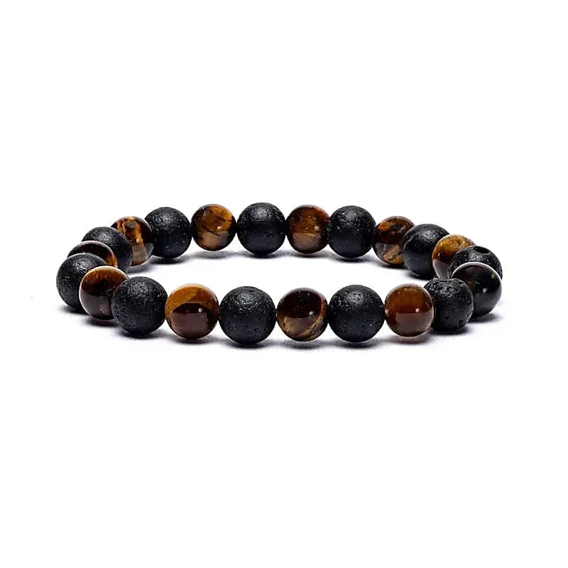 Elastische armband met zwarte lavastenen en bruine tijgeroog kralen, minimalistisch design