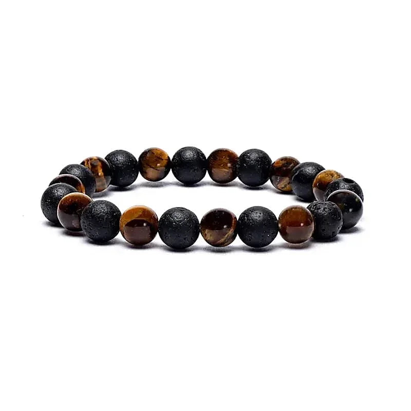 Elastische armband met zwarte lavastenen en bruine tijgeroog kralen, minimalistisch design