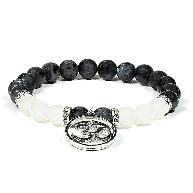 Edelsteen armband labradoriet/witte agaat met ohm - Mindfulshop - zwart / wit