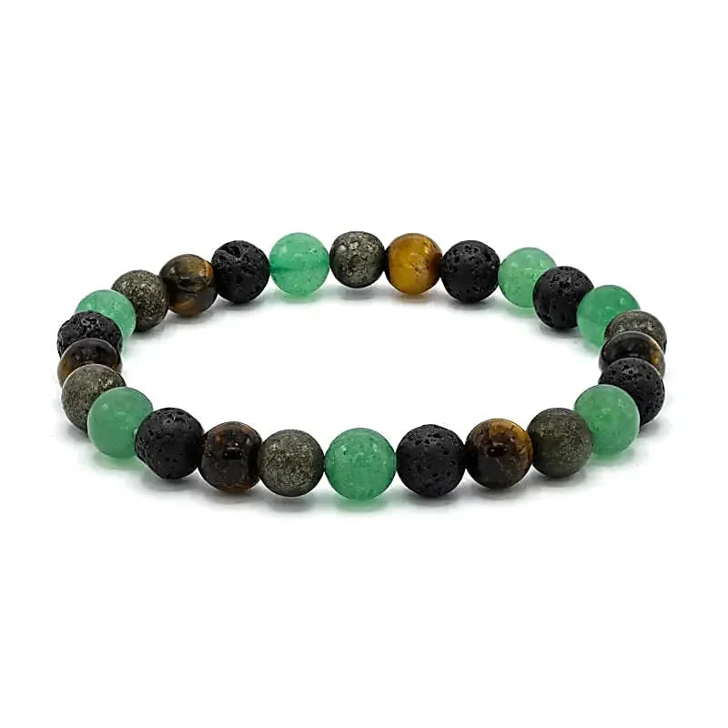Edelsteen armband heren - brede pols - groene kwarts, lavasteen, tijgeroog en pyriet