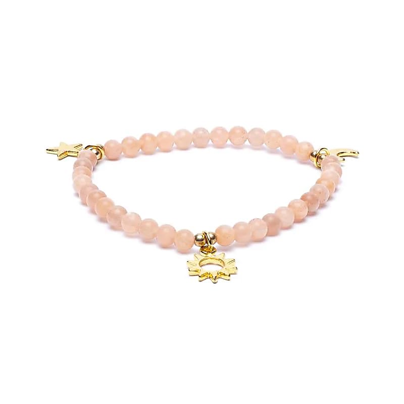 Edelsteen armband zonnesteen met sterren/maan/zon bedels - Mindfulshop - roze