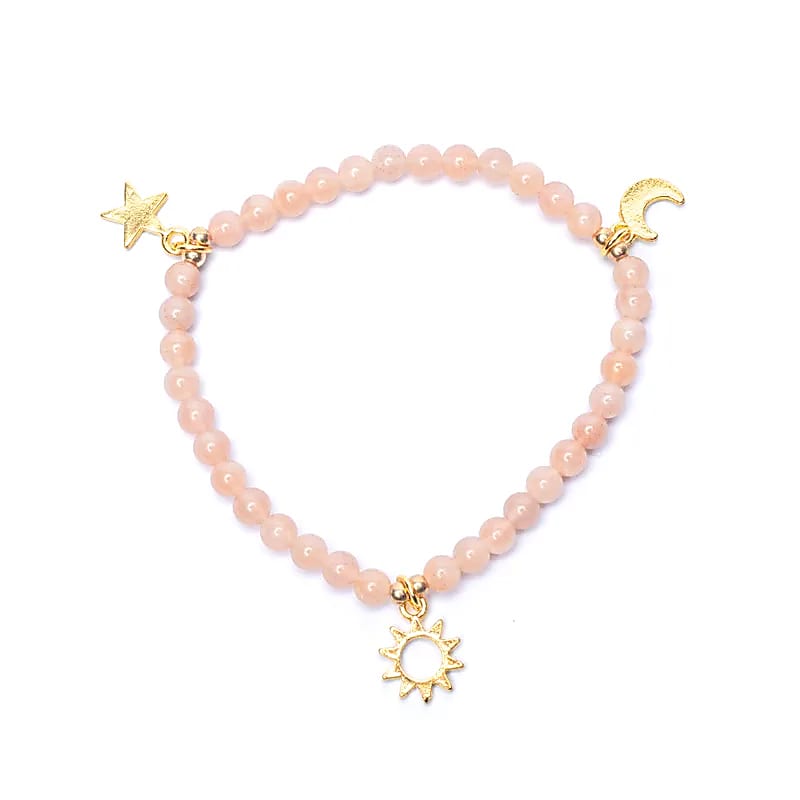 Edelsteen armband zonnesteen met sterren/maan/zon bedels - Mindfulshop - roze