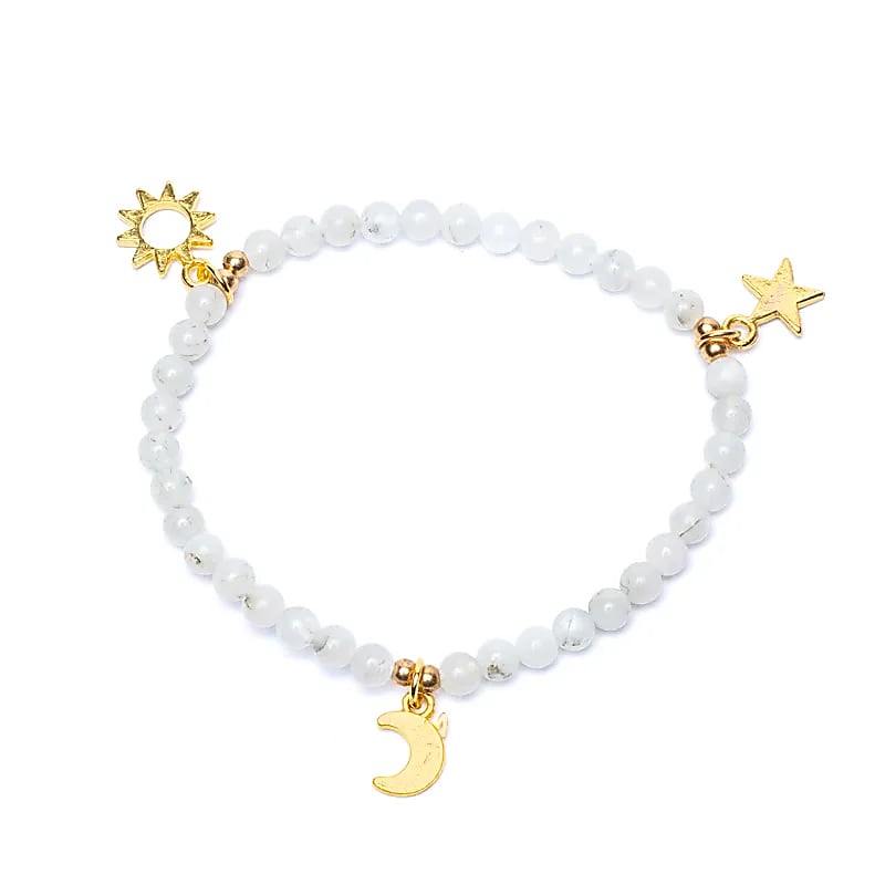 Edelsteen armband maansteen met sterren/maan/zon bedels - Mindfulshop - wit