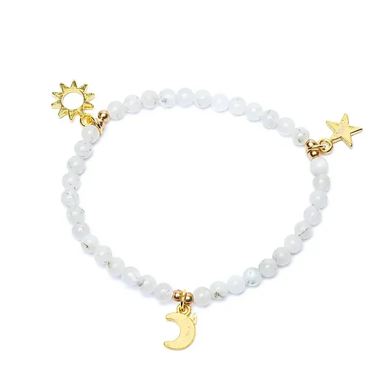 Edelsteen armband maansteen met sterren/maan/zon bedels - Mindfulshop - wit