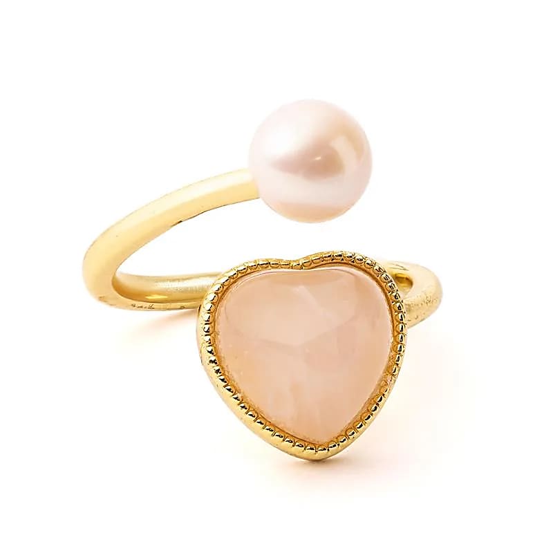 Verstelbare ring met parel en rozenkwarts hart - goud