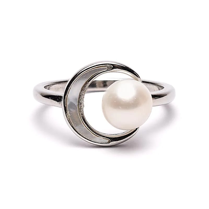 Verstelbare ring met parel en maan - zilver
