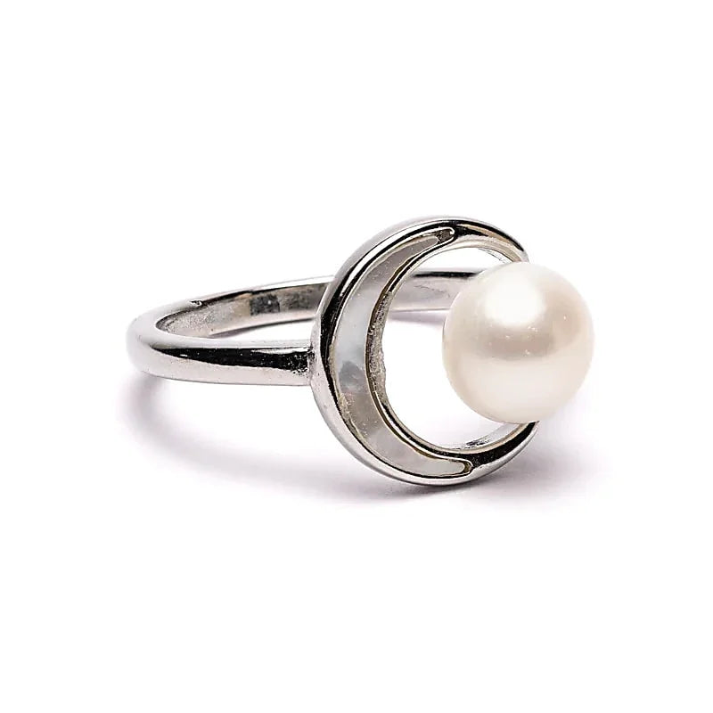 Verstelbare ring met parel en maan - zilver - The Mindfulshop