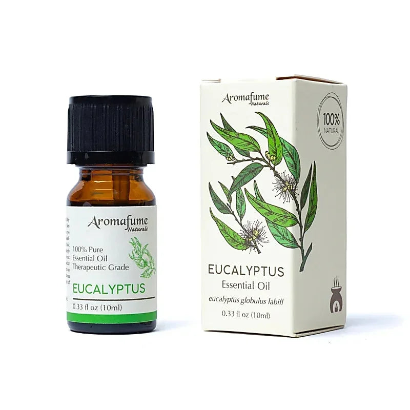 Aromafume Eucalyptus essentiële olie flesje van 10ml met bijbehorende verpakking