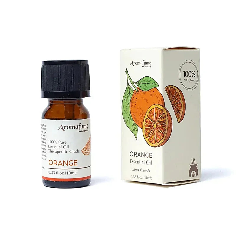 Aromafume 100% pure etherische olie van sinaasappel in een bruin flesje met bijbehorende doos.