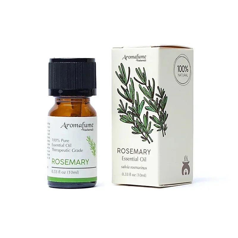Aromafume Rozemarijn essentiële olie flesje en verpakking tegen een witte achtergrond.