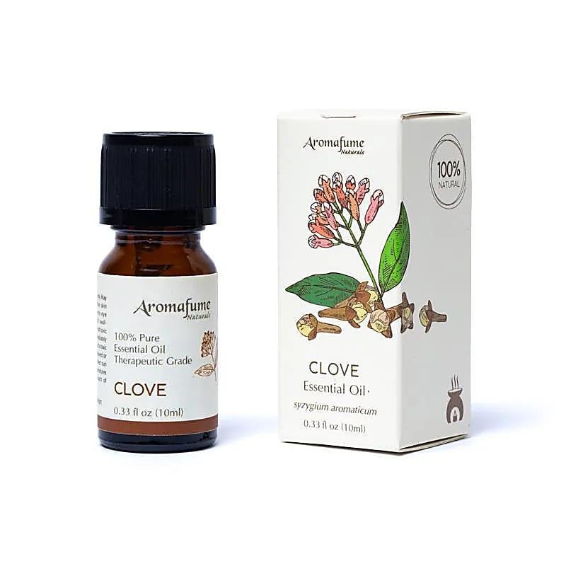 Aromafume Clove essentiële olie flesje en verpakking, 10ml, 100% puur en natuurlijk.