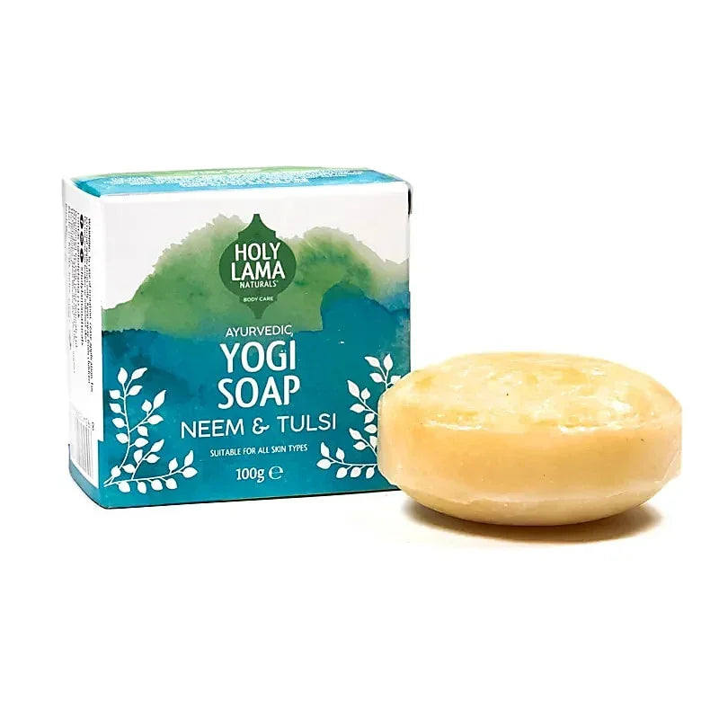 Holy Lama Naturals Yogi Soap Neem & Tulsi met verpakking en een stuk zeep.