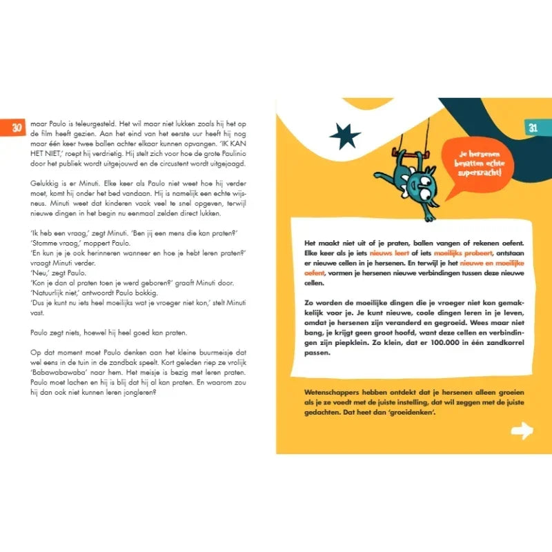 Kinderboekpagina met tekst over hersenen en groei, animatie van aap, educatief en kleurrijk ontwerp