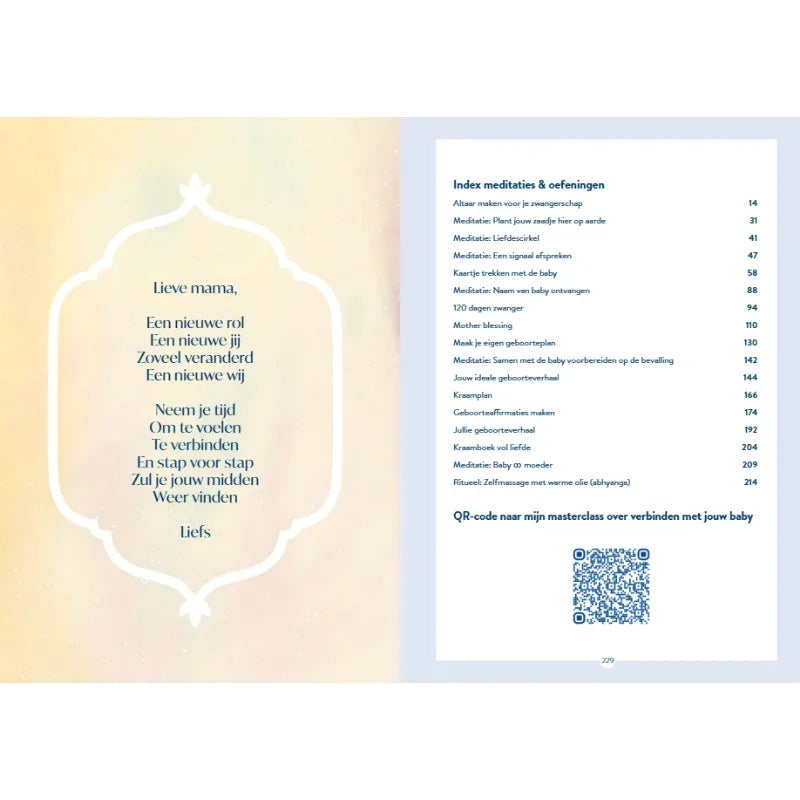 Open boek met gedicht voor mama op pastel achtergrond en inhoudsopgave meditaties, zelfzorg, geboorte, baby.