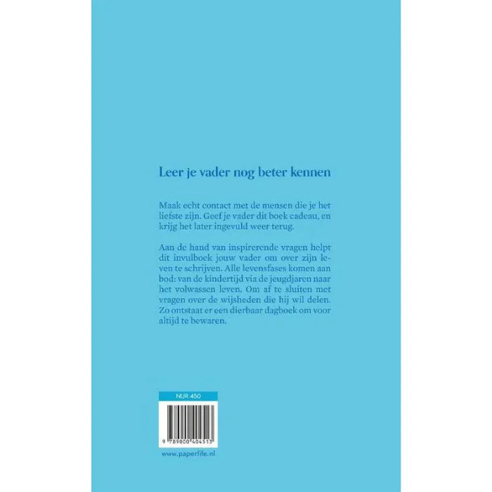 Blauw invulboek 'Leer je vader nog beter kennen' met inspirerende vragen voor zelfreflectie en zelfzorg