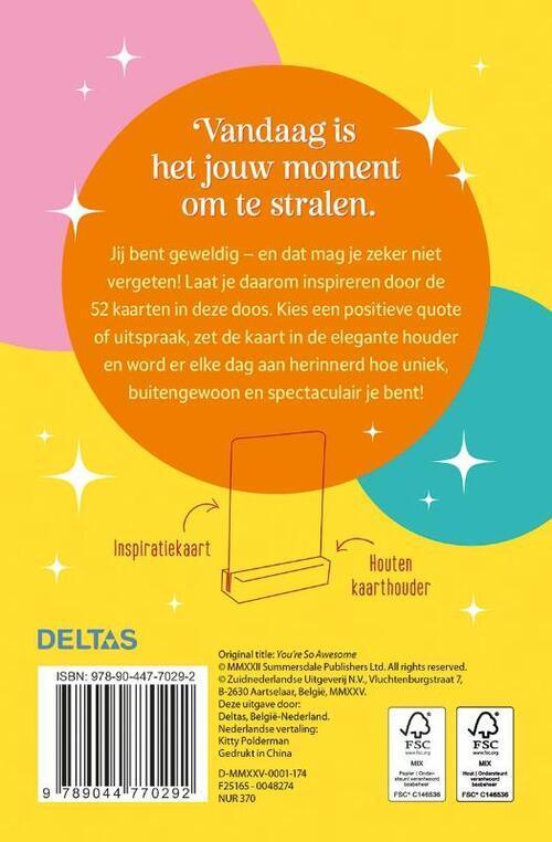 Achterkant inspiratiekaarten set met motiverende tekst, kleurrijke achtergrond en houten kaarthouder illustratie.