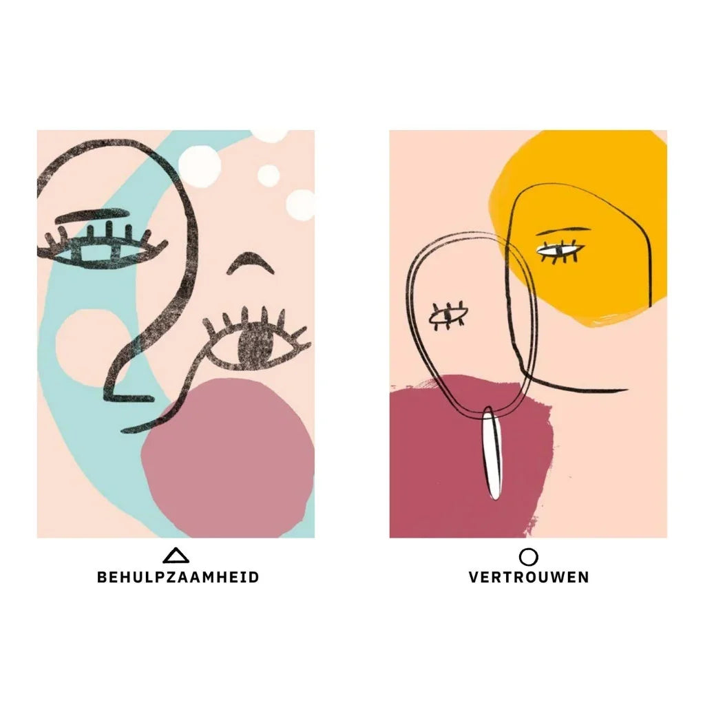 Abstracte illustraties van gezichten met tekst 'behulpzaamheid' en 'vertrouwen', zachte kleuren