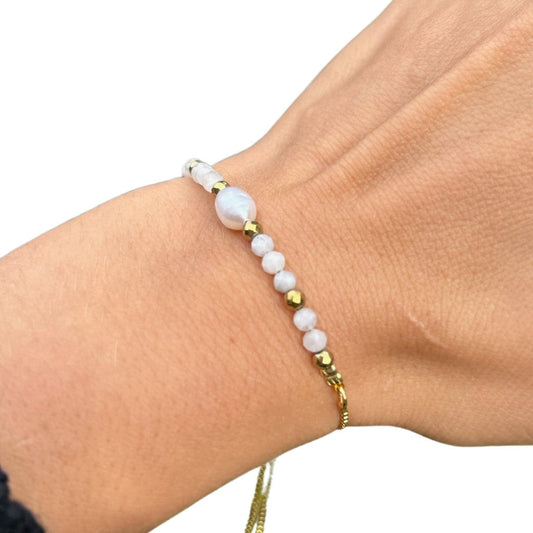 Edelsteen armband maansteen met parel verstelbaar