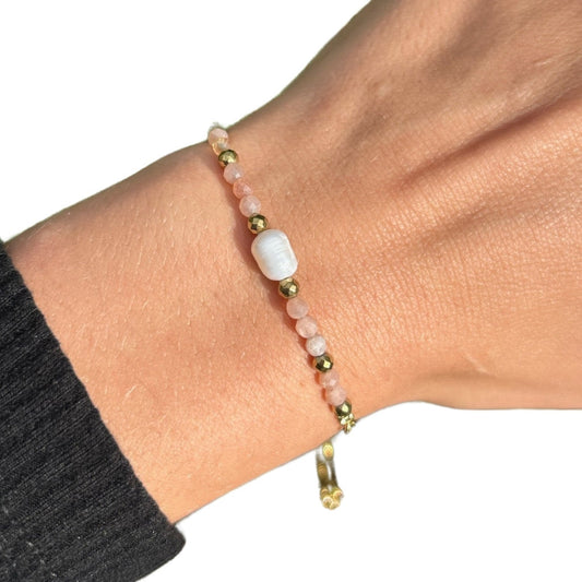 Edelsteen armband zonnesteen met parel verstelbaar