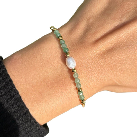 Edelsteen armband aventurijn met parel verstelbaar