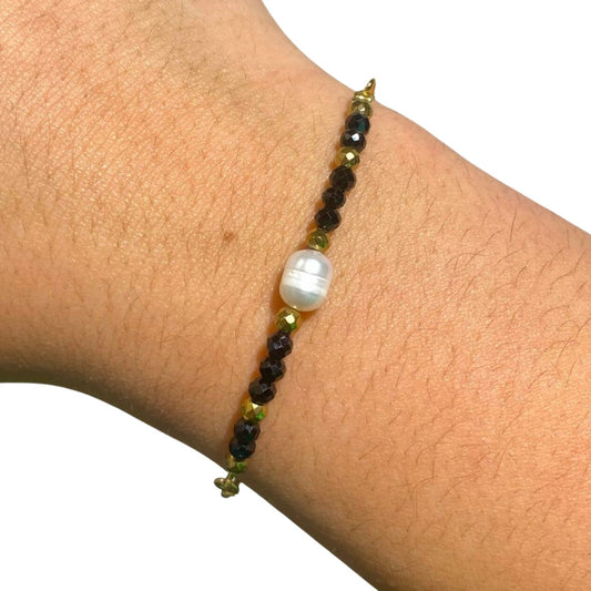 Edelsteen armband onix met parel verstelbaar