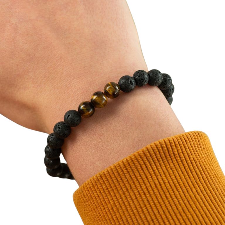Edelsteen armband heren groot tijgeroog/lavasteen - Mindfulshop - zwart