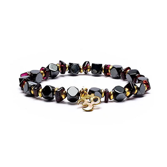Edelsteen armband hematiet/granaat facet met ohm - Mindfulshop - bordeaux