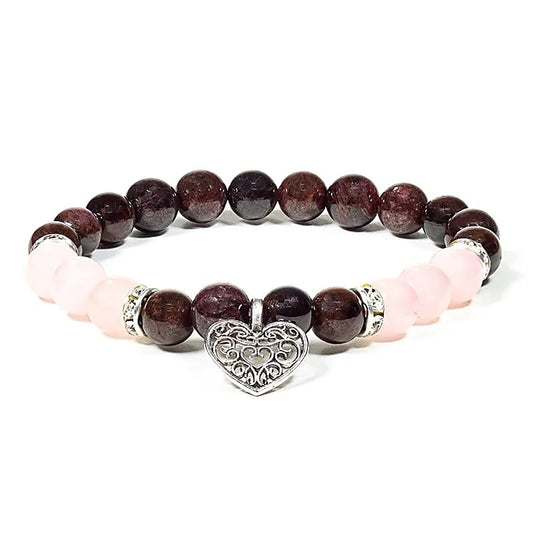 Edelsteen armband granaat/rozenkwarts met hartje - Mindfulshop - bordeaux