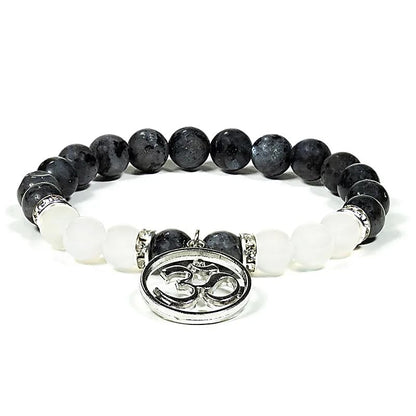 Edelsteen armband labradoriet/witte agaat met ohm - Mindfulshop - zwart / wit