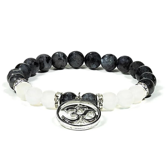 Edelsteen armband labradoriet/witte agaat met ohm - Mindfulshop - zwart / wit