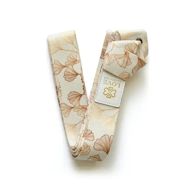 Beige yoga riem met ginkgo bladprint, verstelbaar voor yoga en stretching oefeningen