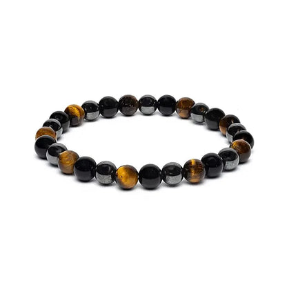 Edelsteen armband heren - brede pols -  tijgeroog, hematiet en obsidiaan