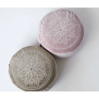 Meditatiekussen rond velvet mandala print - Love Generation - taupe