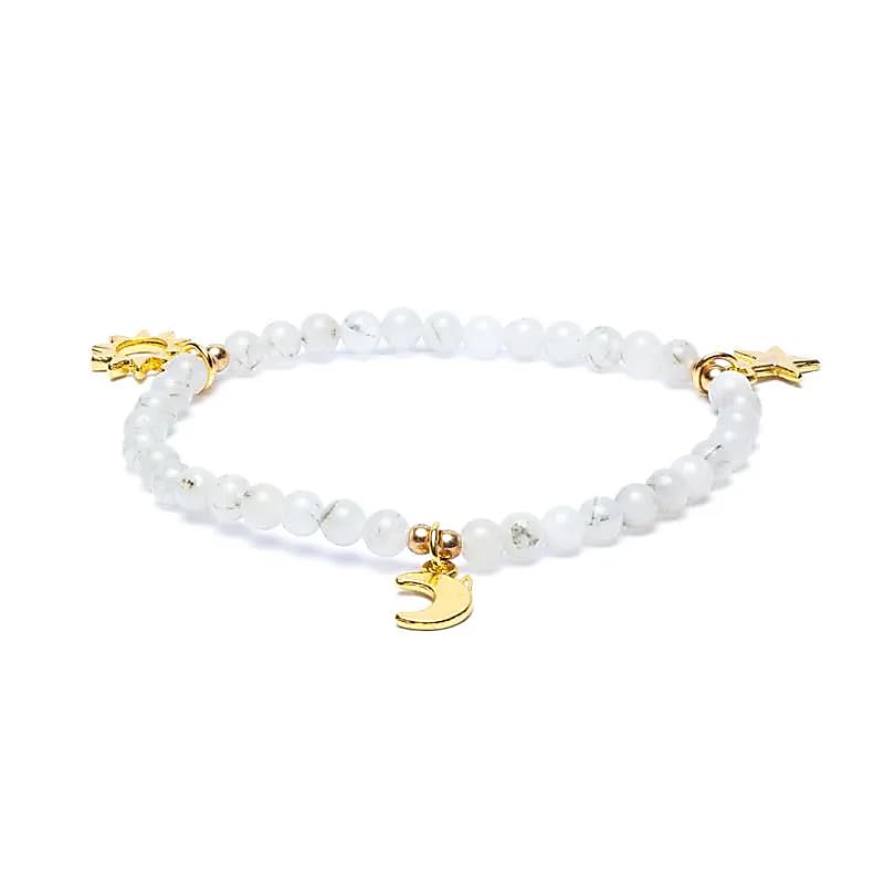 Edelsteen armband maansteen met sterren/maan/zon bedels - Mindfulshop - wit