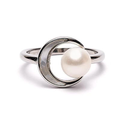 Verstelbare ring met parel en maan - zilver