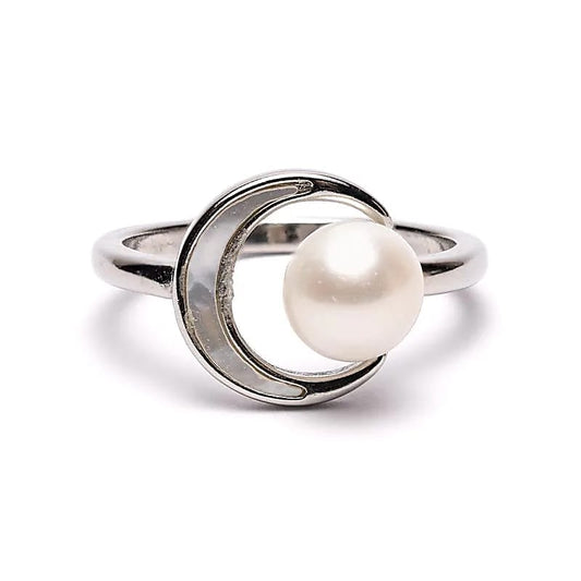 Verstelbare ring met parel en maan - zilver