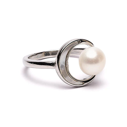 Verstelbare ring met parel en maan - zilver