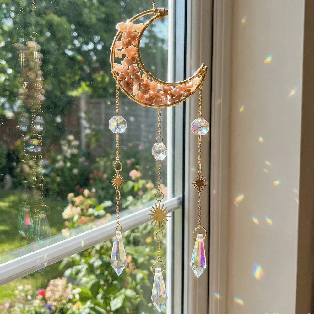 Regenboogkristal suncatcher maan en roze maansteen - The Mindfulshop