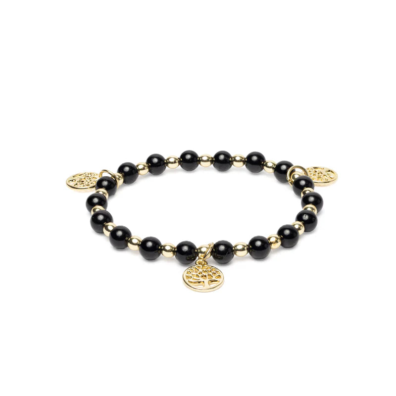 Edelsteen armband zwarte toermalijn & hematiet met Levensboom bedels