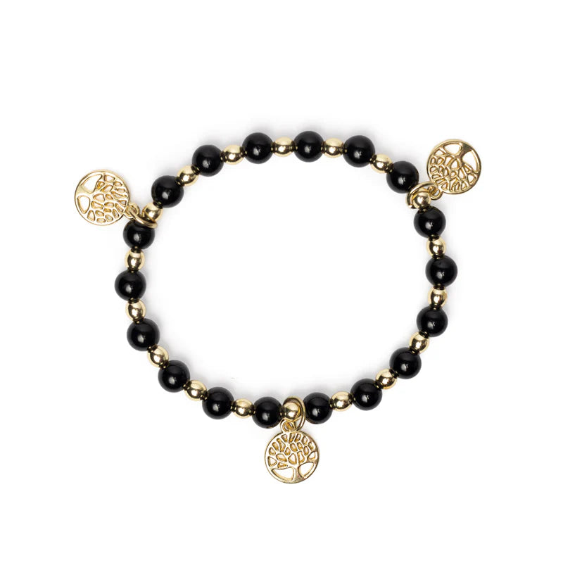 Edelsteen armband zwarte toermalijn & hematiet met Levensboom bedels