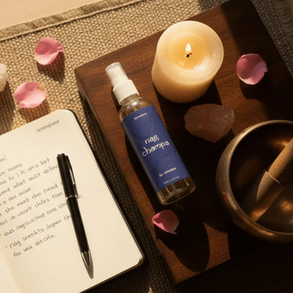 Nag champa roomspray, brandende kaars, rozenkwarts, klankschaal en notitieboek voor meditatie