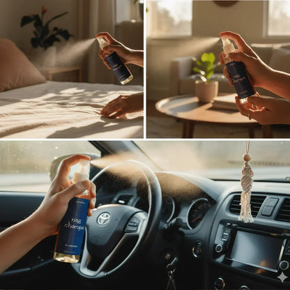 Aromaspray Nag Champa wordt verneveld op beddengoed, in woonkamer en auto voor frisse geur.
