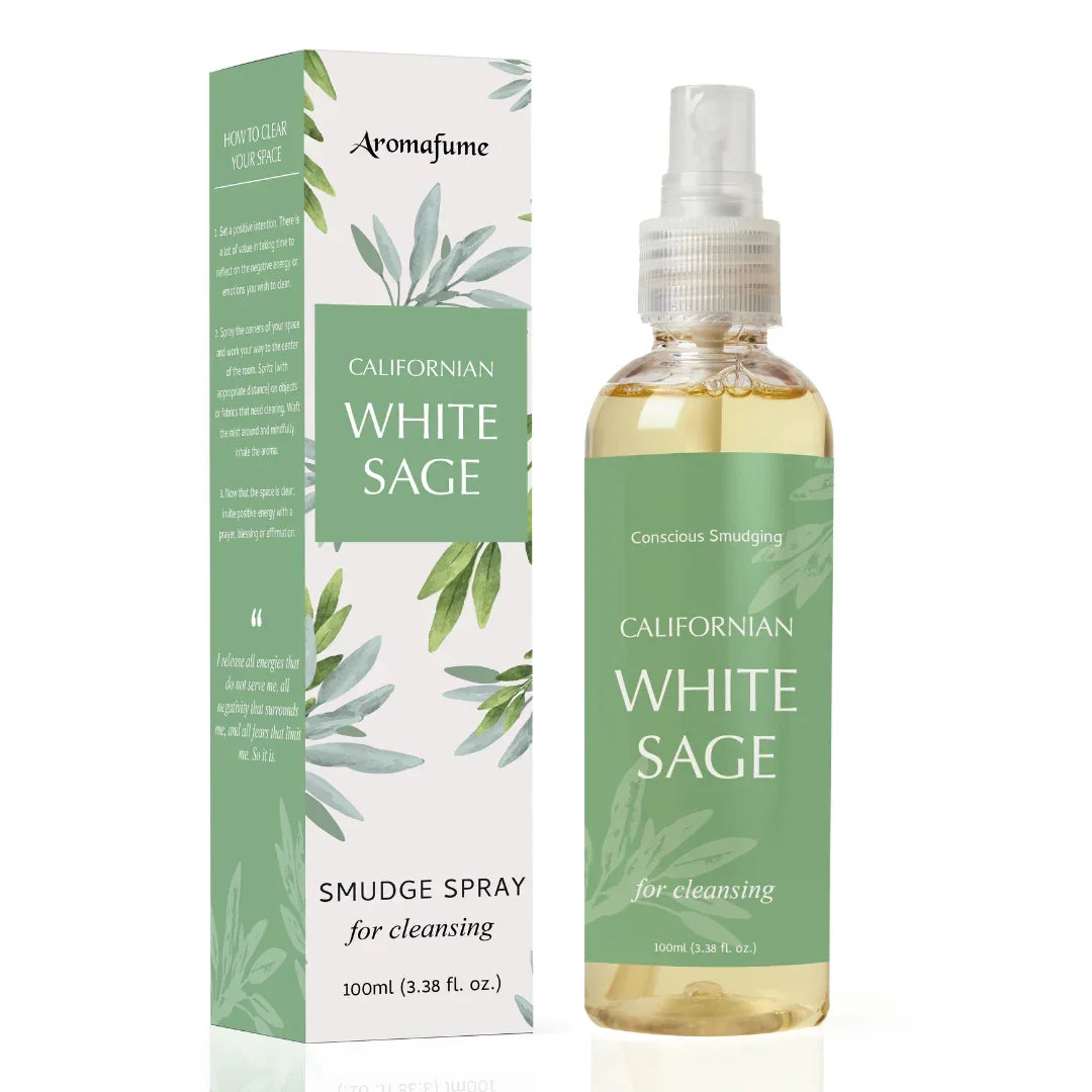 Californian White Sage smudge spray 100ml met verpakking, groene en witte labels, voor reinigen en zuiveren.